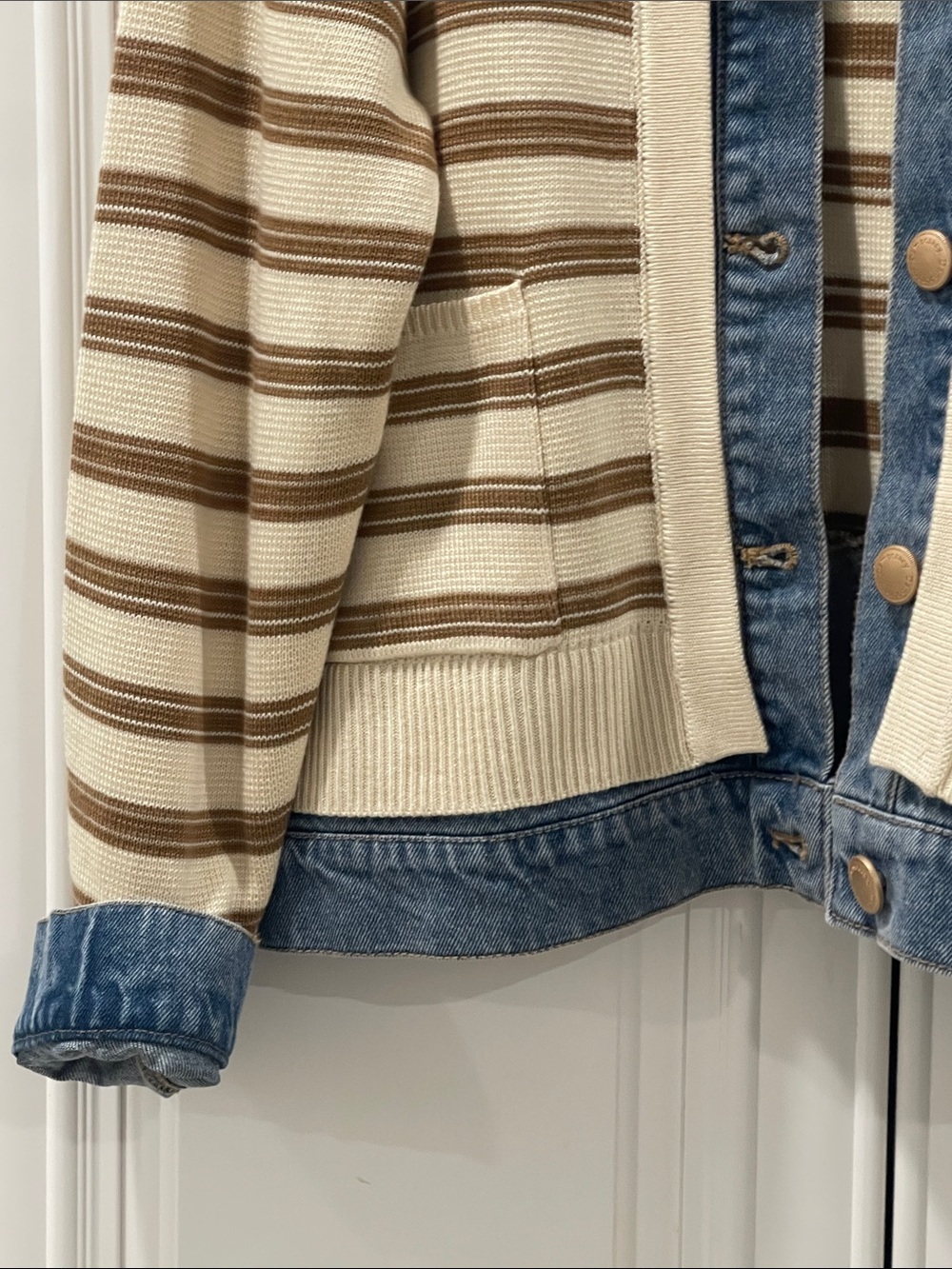 NWT Democracy ivory cream Striped Knit Jacket with Blue Denim Trim - Picture 3 of 14